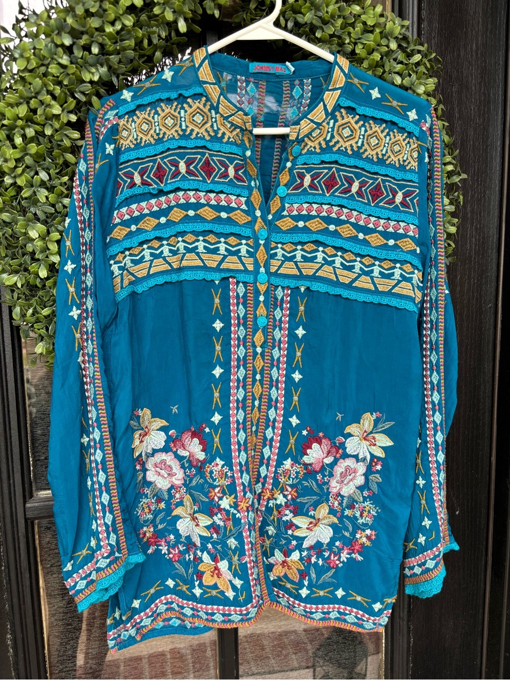 Johnny Was Dover Teal Embroidered Floral Tunic Cerulean Blue XXS